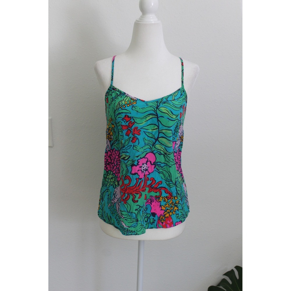 Lilly Pulitzer Silk Tropical Floral Bird Print Camisole Top Green Pink XXS